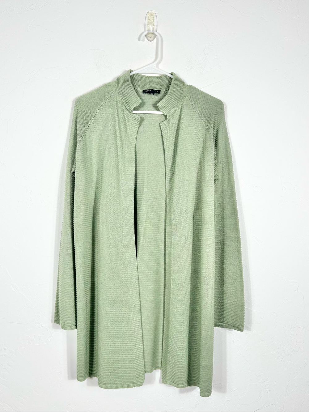 Eileen Fisher Sage Green Ribbed Knit Open Front Long Duster Cardigan